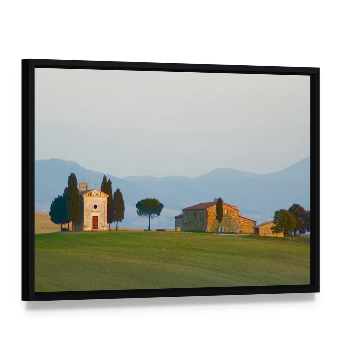 Tuscan Landscape with Cypress Trees Canvas Wall Art, framed canvas in a black floater frame, angled product view