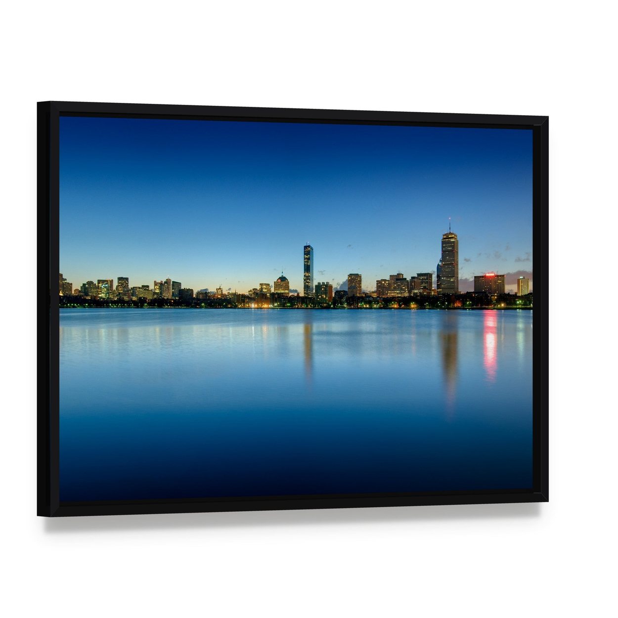 Boston Back Bay Skyline Canvas Wall Art, framed canvas in a black floater frame, angled product view