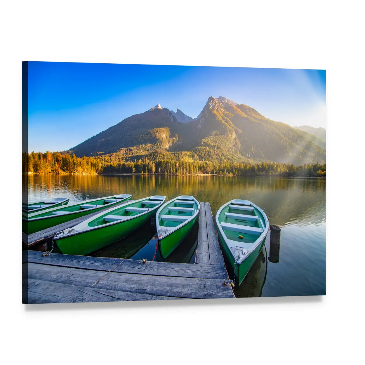 Green Rowboats on Mountain Lake Canvas Wall Art, single panel gallery wrapped canvas, angled product view