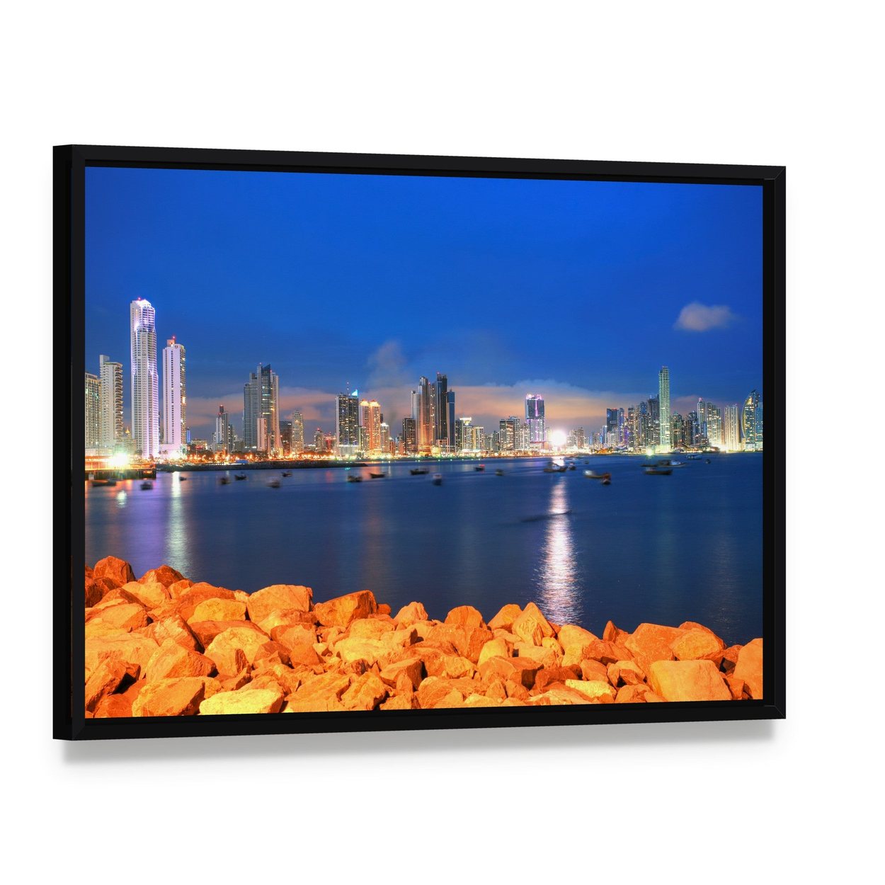 Bay of Panama at Sunset Canvas Wall Art, framed canvas in a black floater frame, angled product view