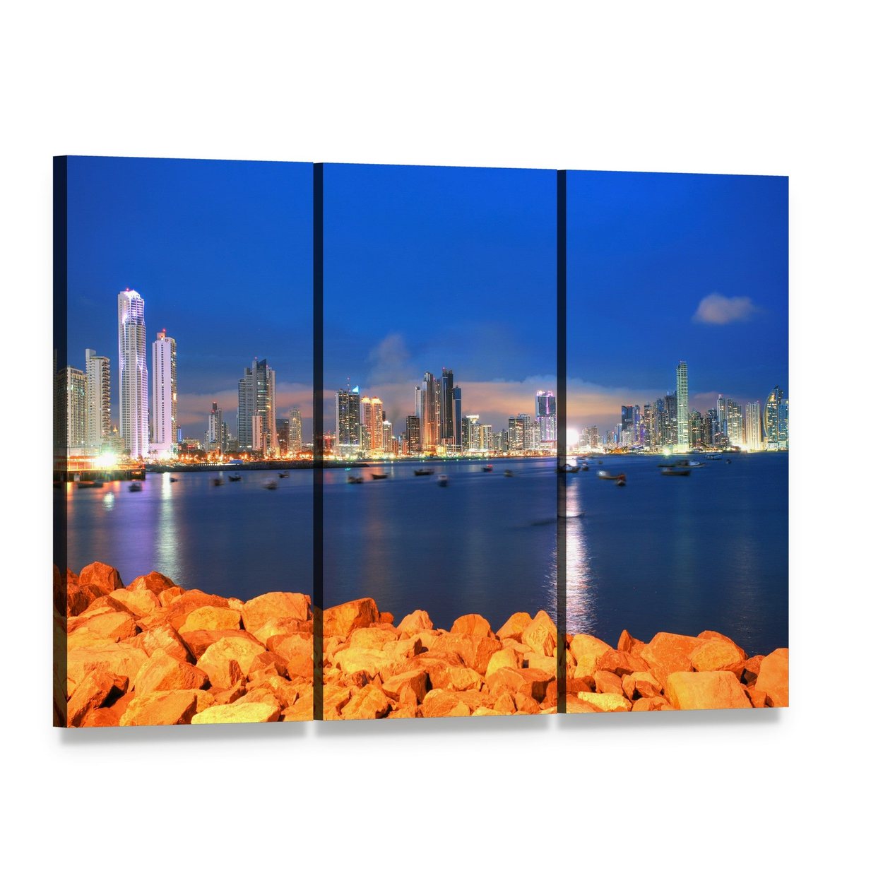 Bay of Panama at Sunset Canvas Wall Art, 3 panel 3 Horizontal layout gallery wrapped canvas set, angled product view