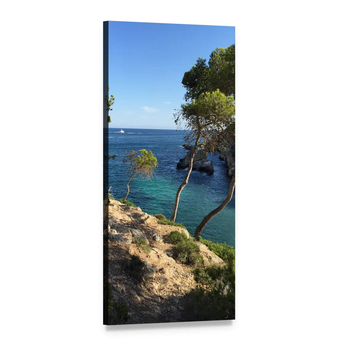 Mallorca Cliffs with Pine Trees and Turquoise Sea Vertical Canvas Wall Art, 1 panel 1 Vertical layout gallery wrapped canvas set, angled product view