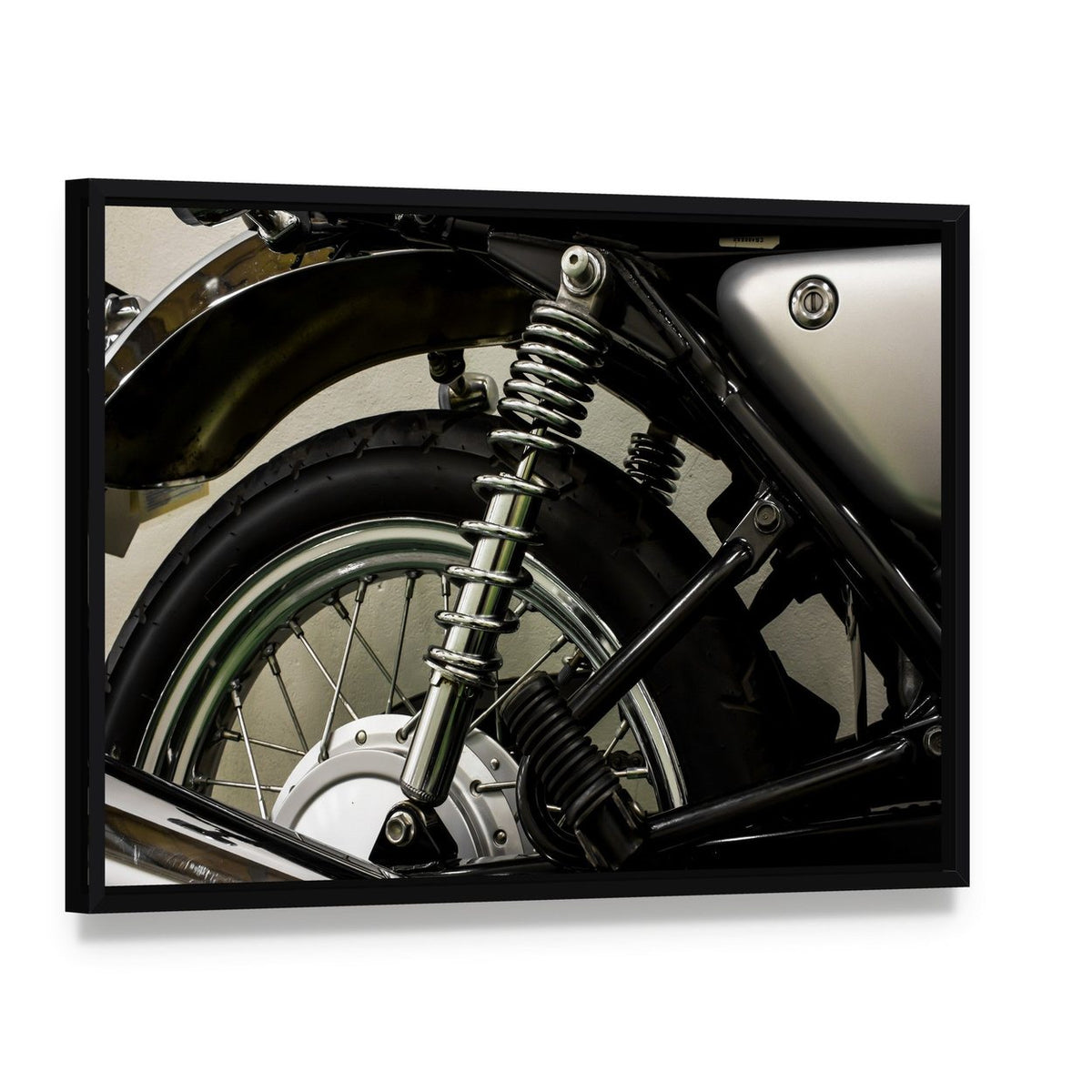 Vintage Motorcycle Detail Canvas Wall Art, framed canvas in a black floater frame, angled product view