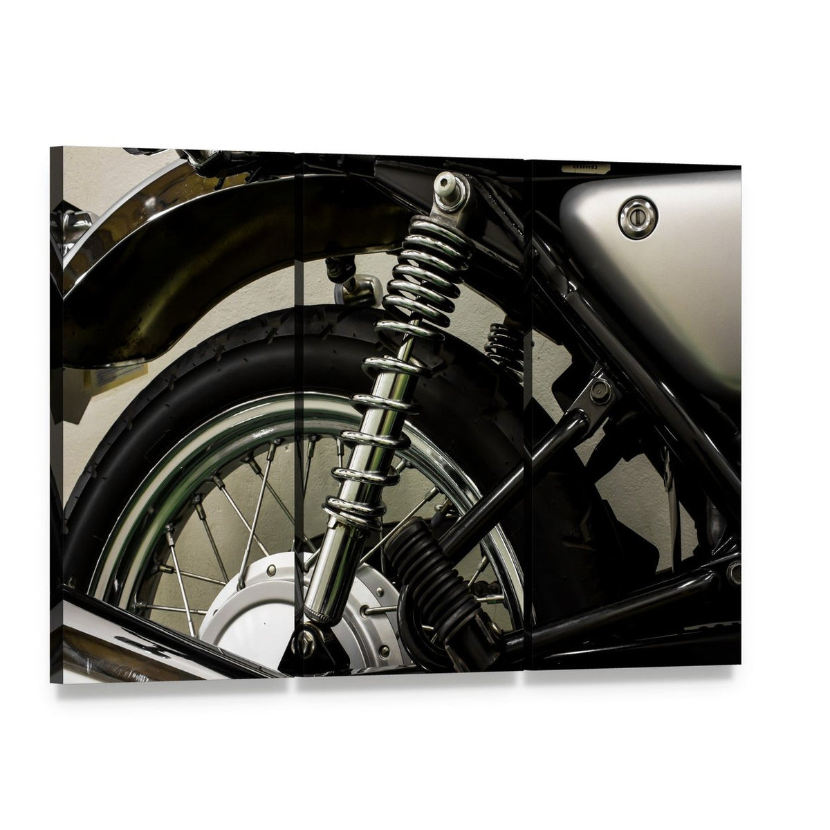 Vintage Motorcycle Detail Canvas Wall Art, 3 panel 3 Horizontal layout gallery wrapped canvas set, angled product view