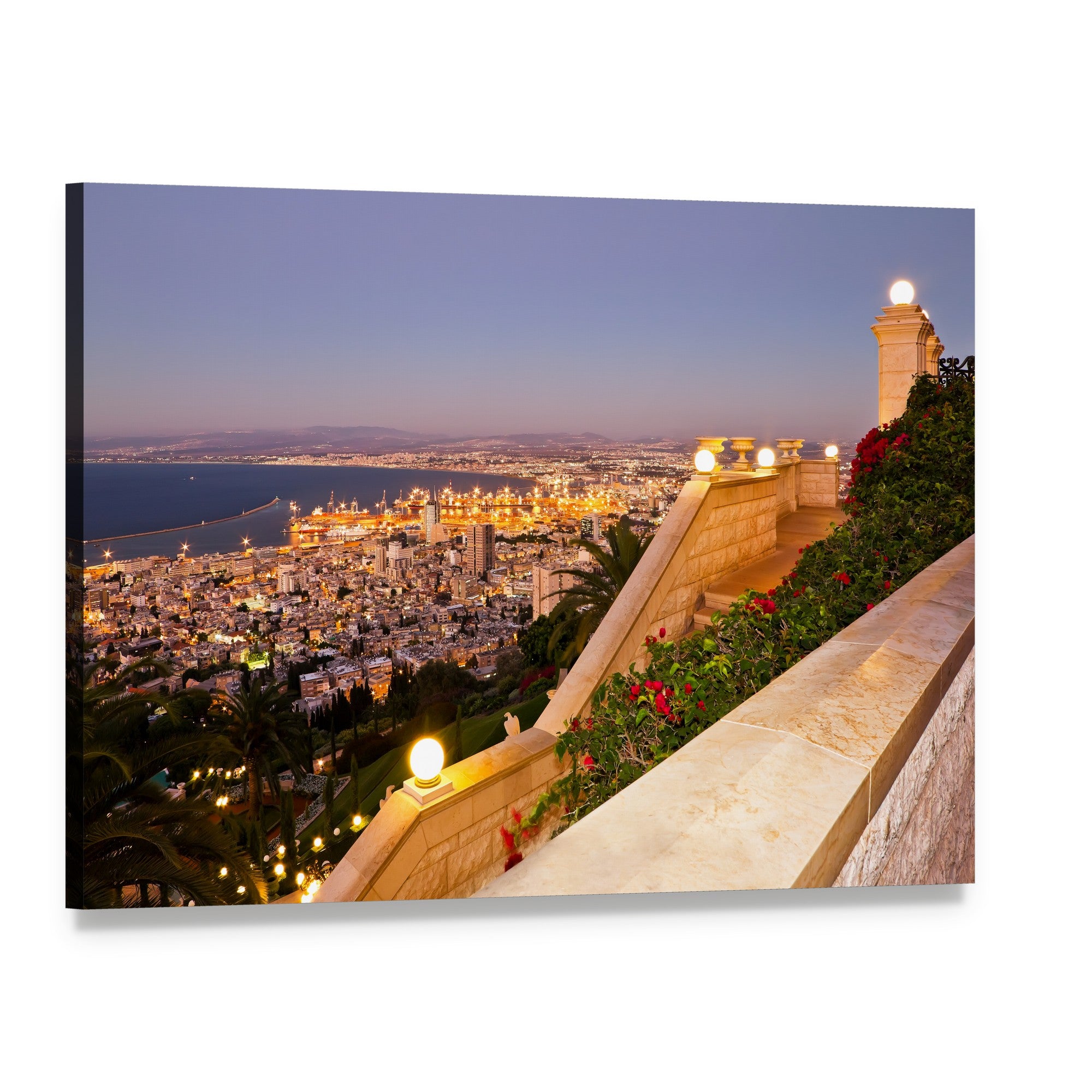 Coastal City at Dusk with Staircase Canvas Wall Art, single panel gallery wrapped canvas, angled product view
