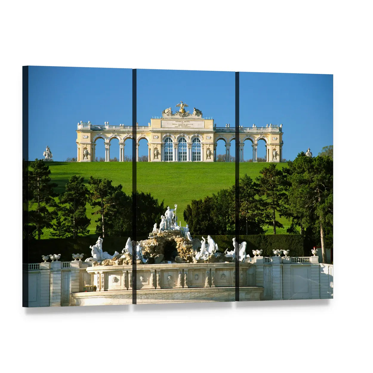 Schonbrunn Palace with Neptune Fountain Canvas Wall Art, 3 panel 3 Horizontal layout gallery wrapped canvas set, angled product view