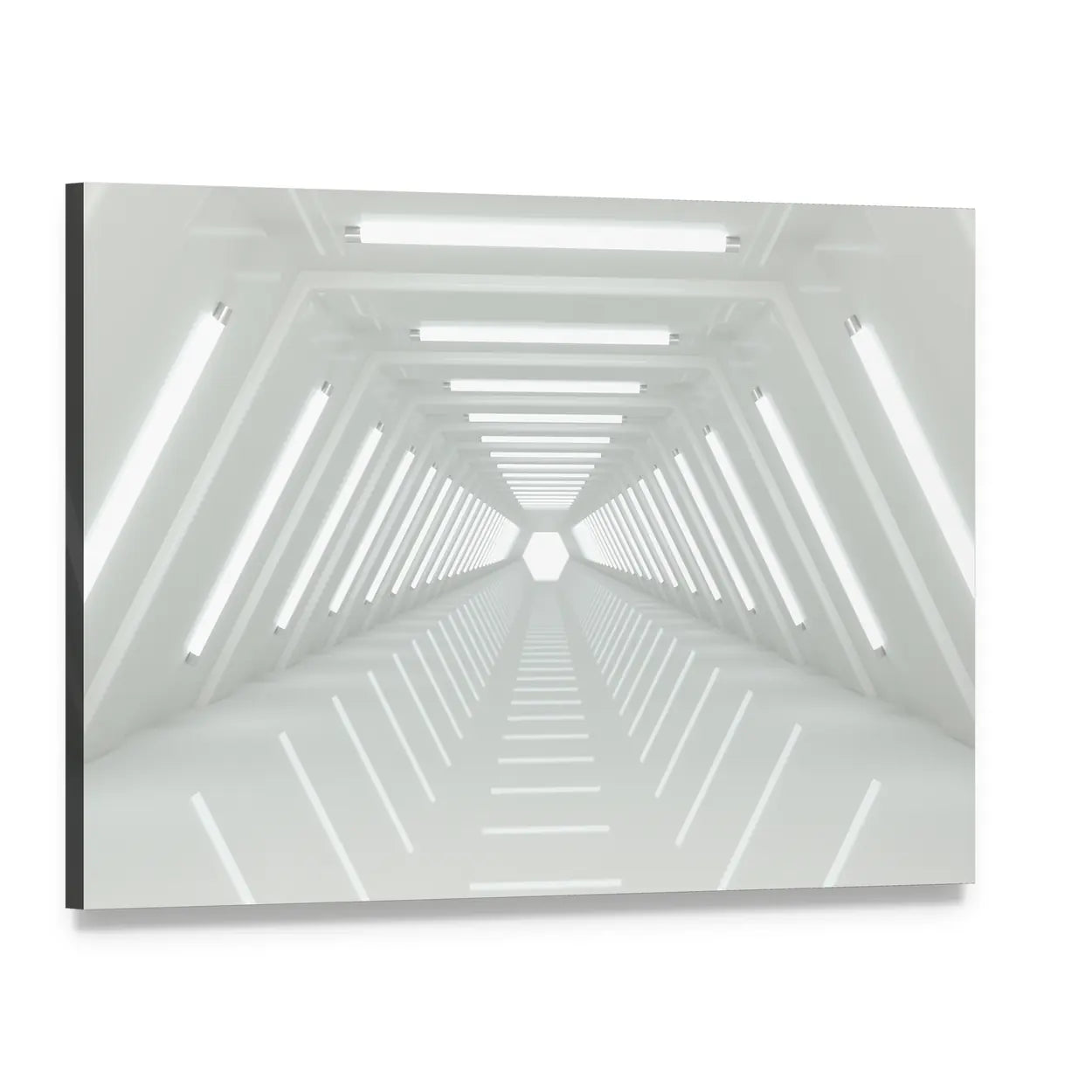 Futuristic White Corridor Tunnel Canvas Wall Art, single panel gallery wrapped canvas, angled product view
