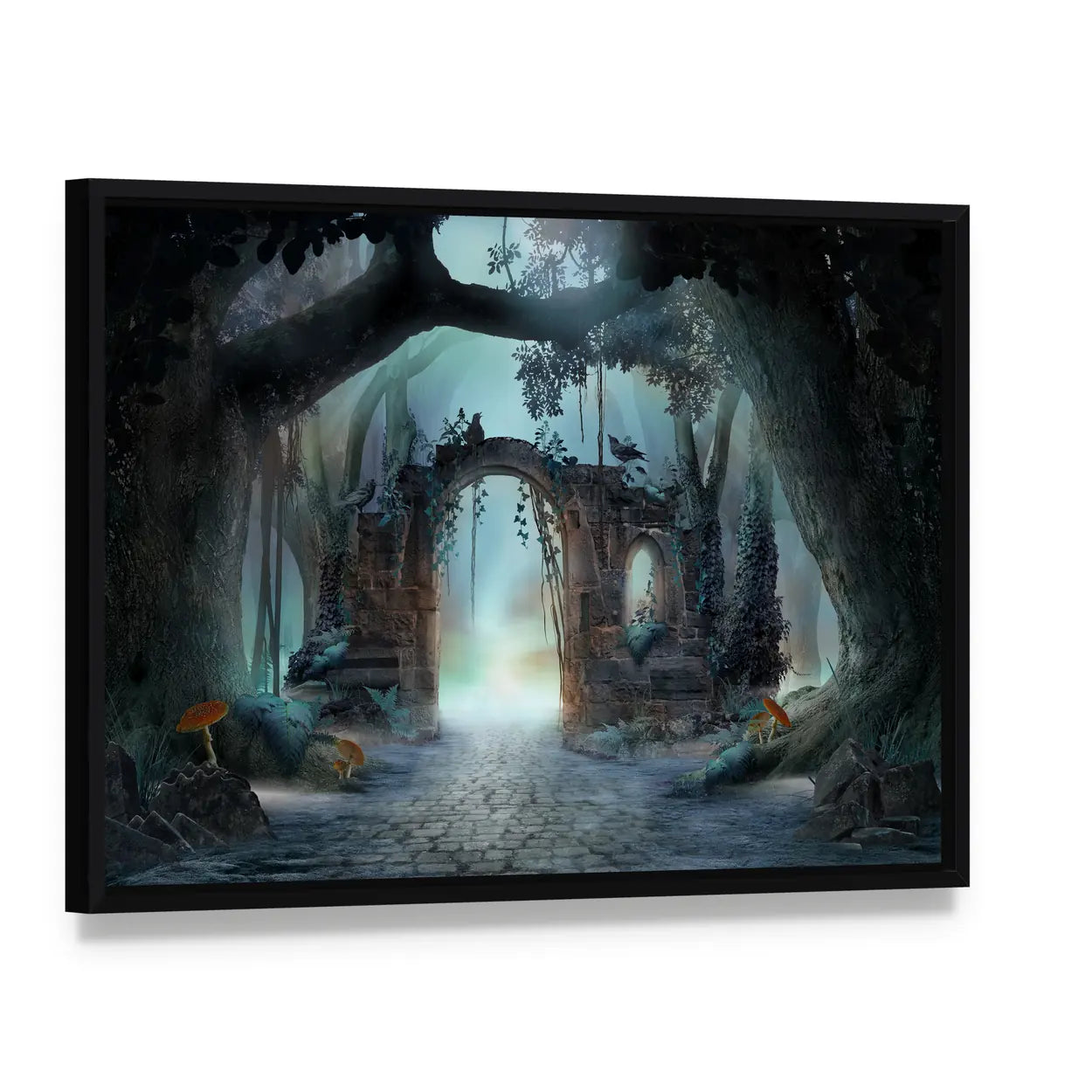 Archway In An Enchanted Fairy Forest Canvas Wall Art, framed canvas in a black floater frame, angled product view