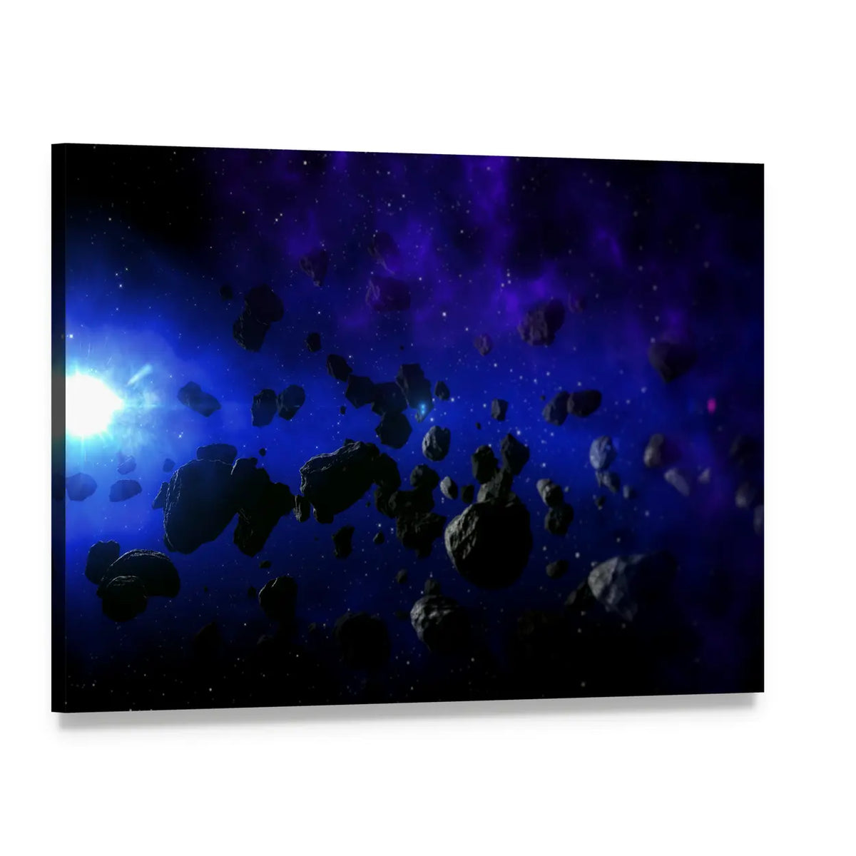 Flying Asteroids in Cosmic Nebula Canvas Wall Art, single panel gallery wrapped canvas, angled product view