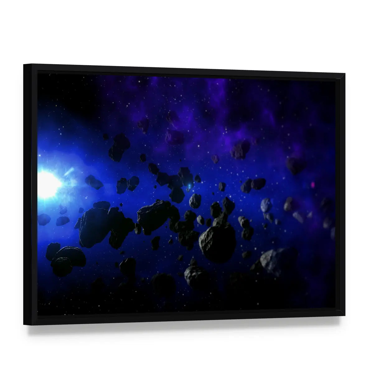 Flying Asteroids in Cosmic Nebula Canvas Wall Art, framed canvas in a black floater frame, angled product view
