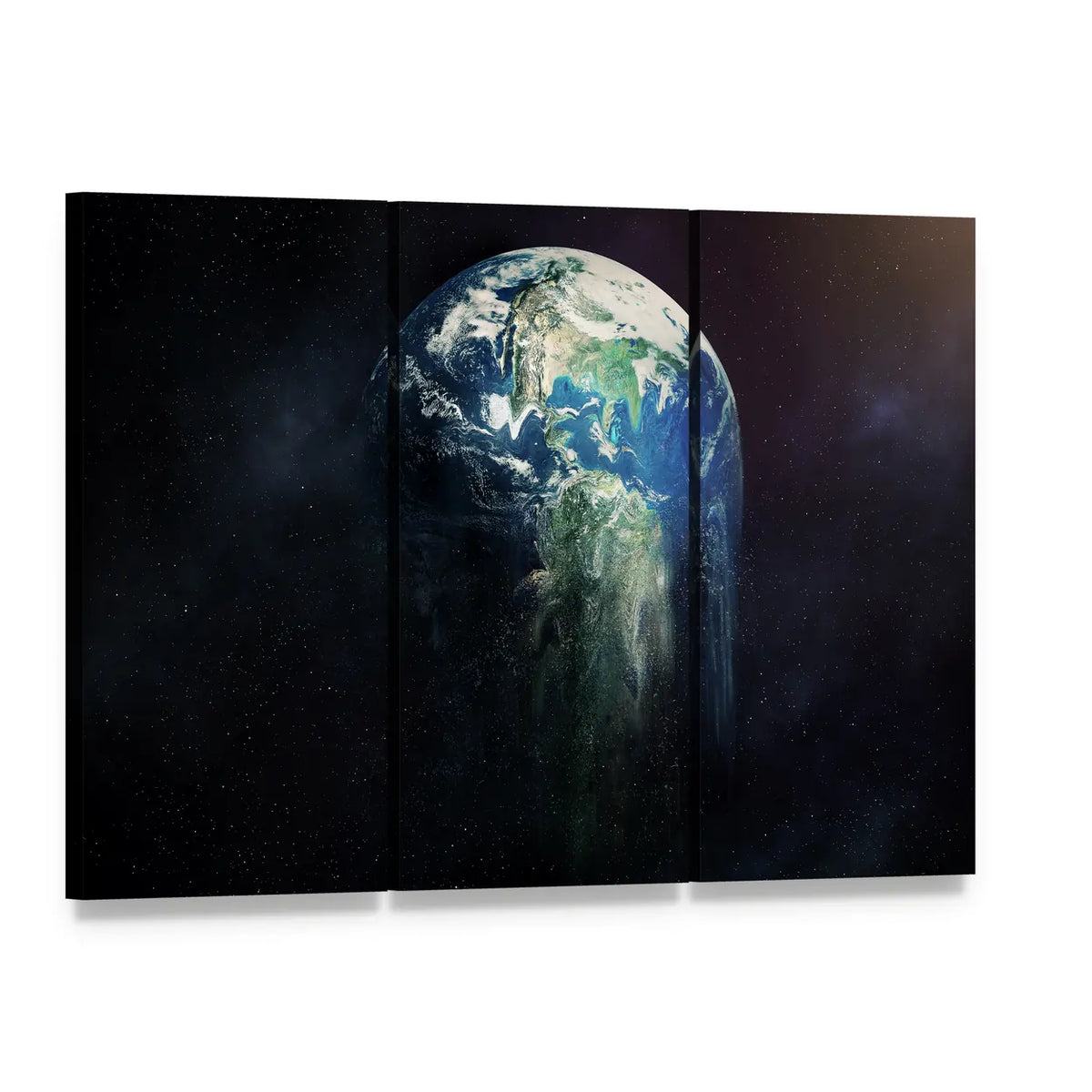 Melting Earth Concept in Abstract Style Canvas Wall Art, 3 panel 3 Horizontal layout gallery wrapped canvas set, angled product view