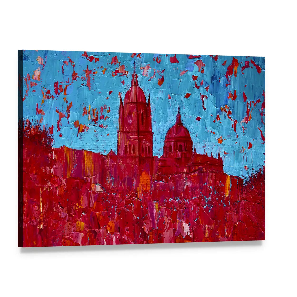 Monochrome Red Cathedral Cityscape Canvas Wall Art, single panel gallery wrapped canvas, angled product view