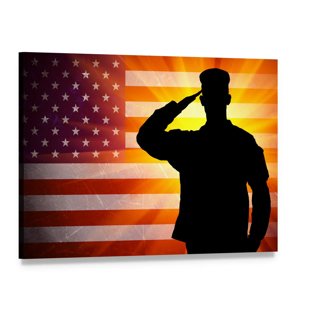 Saluting Soldier Against Grungy American Flag Canvas Wall Art, single panel gallery wrapped canvas, angled product view