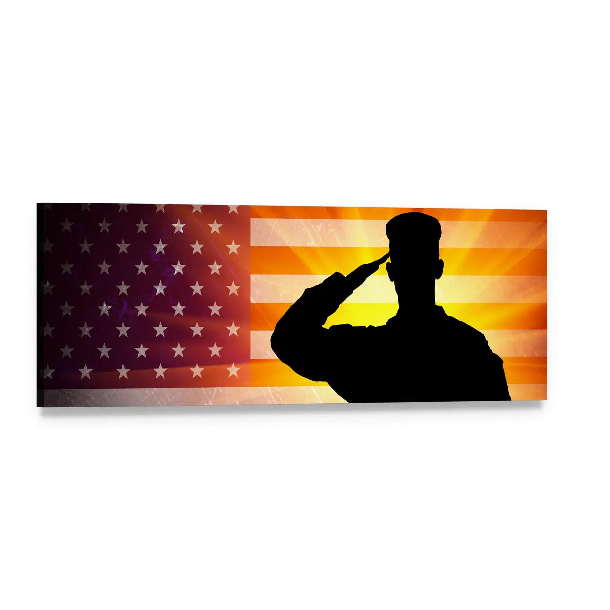 Soldier Saluting American Flag Panoramic Canvas Wall Art, single panel gallery wrapped canvas, angled product view