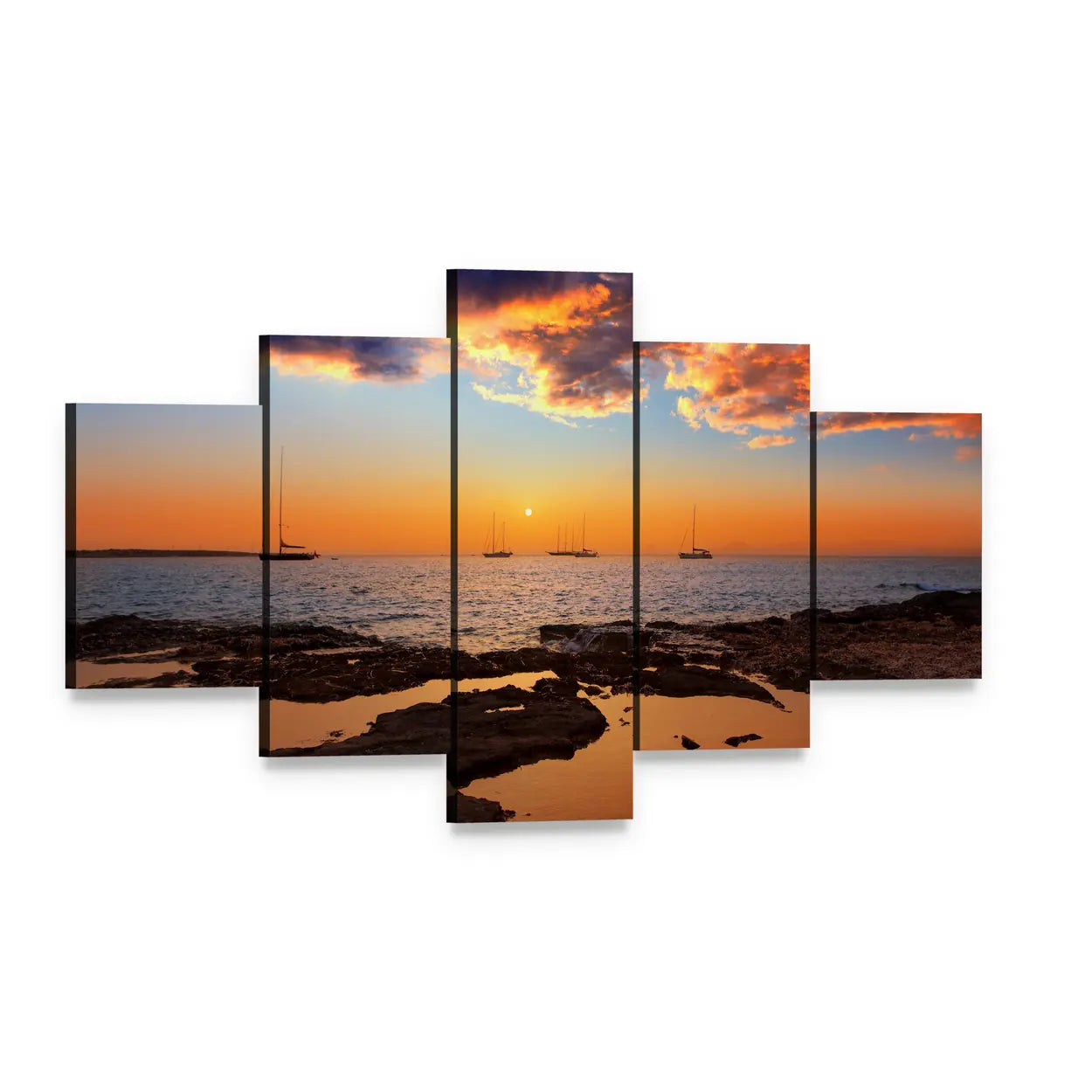 Sunset Over Rocky Shore with Sailboats Canvas Wall Art, 5 panel 5 Star layout gallery wrapped canvas set, angled product view