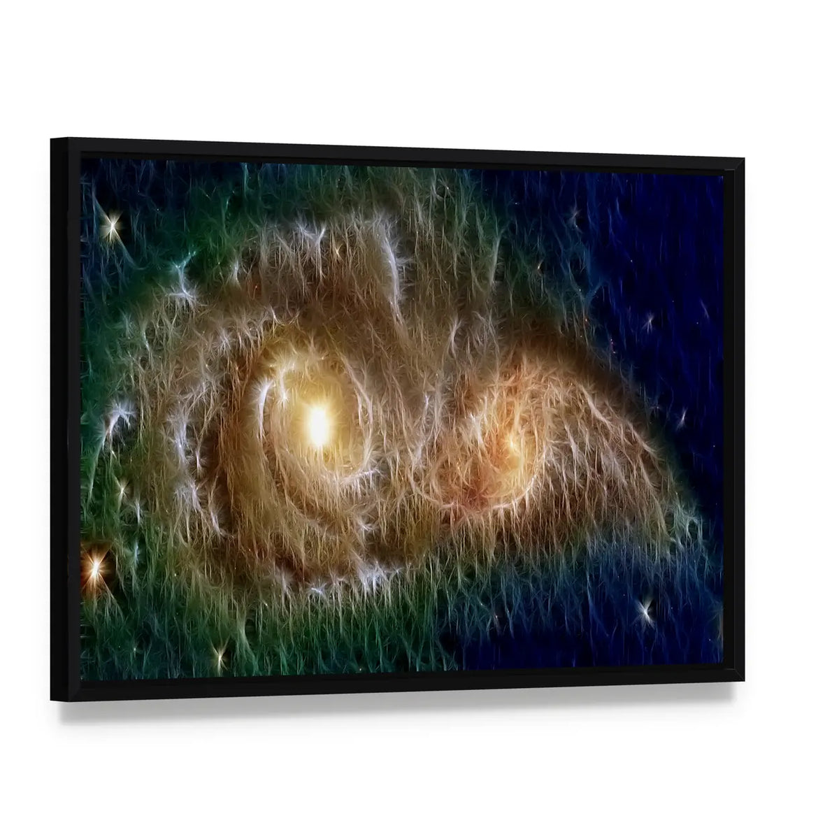 Colliding Fractal Galaxies Canvas Wall Art, framed canvas in a black floater frame, angled product view