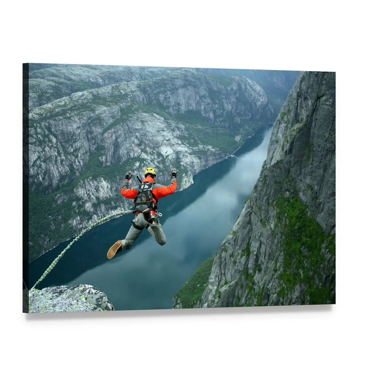Rope Jumper Over Lake in Orange Suit Canvas Wall Art, single panel gallery wrapped canvas, angled product view