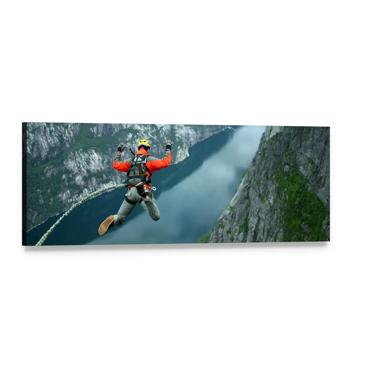 Base Jumper Above Rocky Fjord Panoramic Canvas Wall Art, single panel gallery wrapped canvas, angled product view