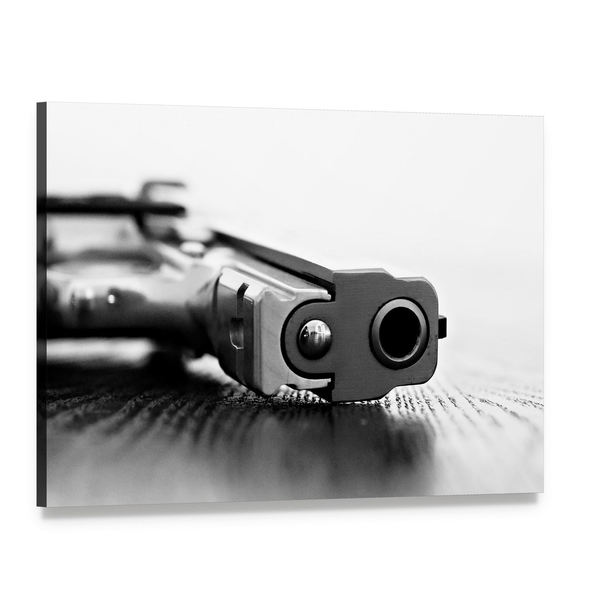 9mm Gun Canvas Wall Art, single panel gallery wrapped canvas, angled product view