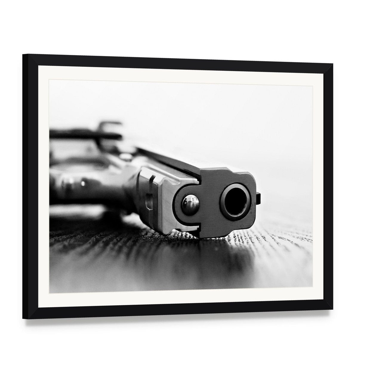 9mm Gun Canvas Wall Art, framed print with white mat and black frame, angled product view