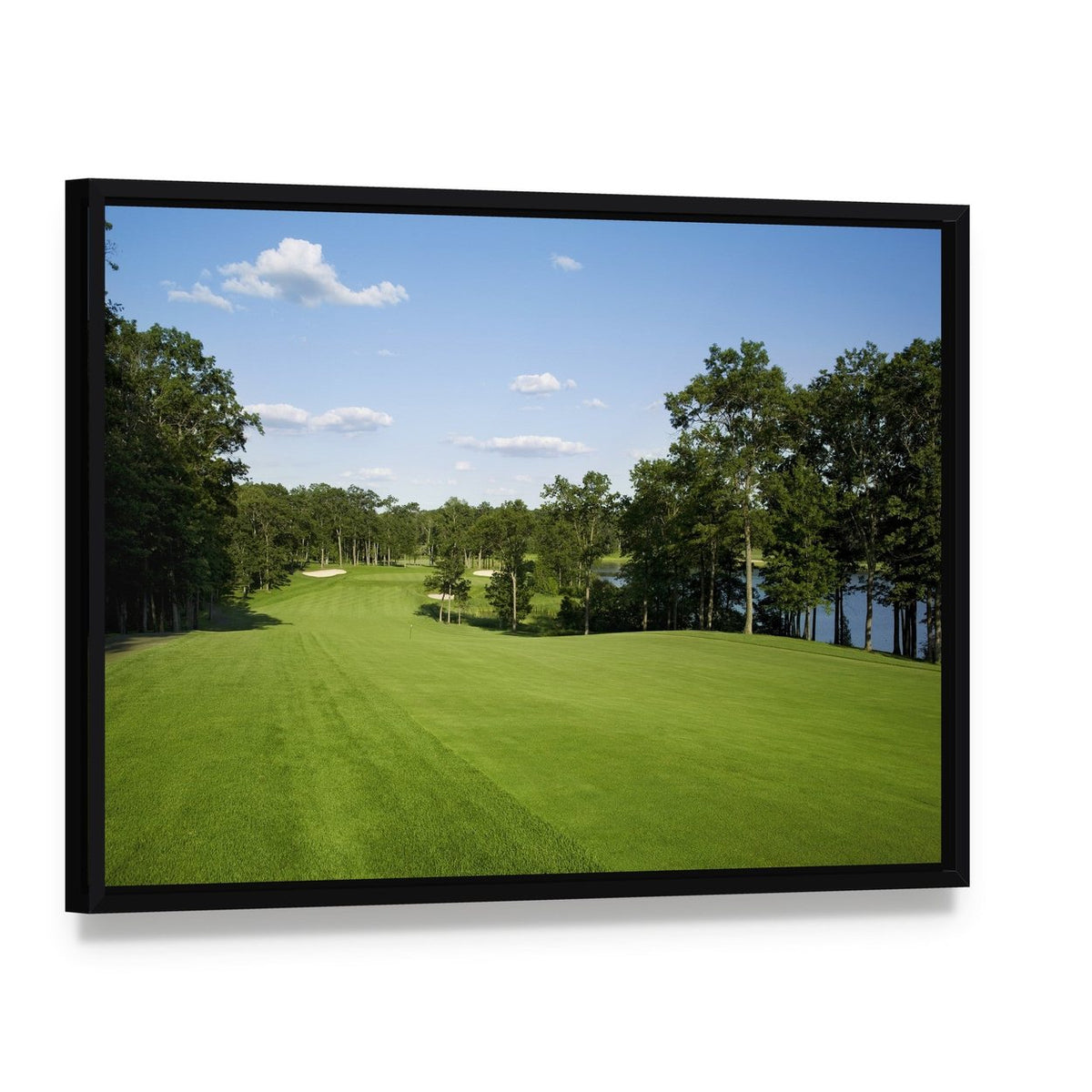 Golf Fairway Canvas Wall Art, framed canvas in a black floater frame, angled product view