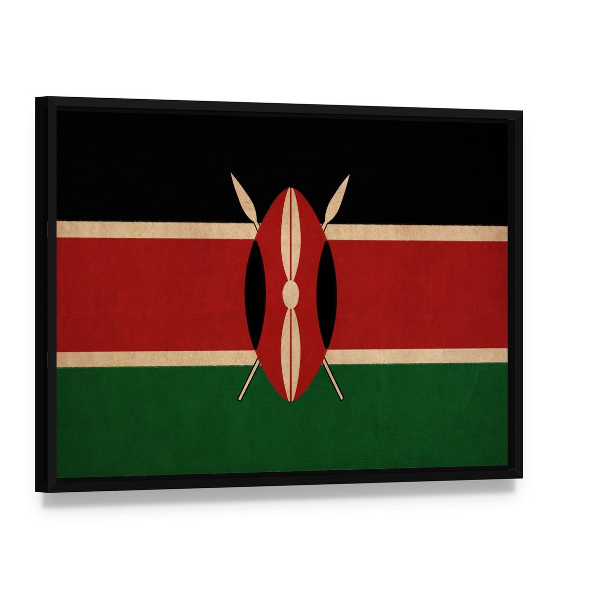 Vintage Kenyan Flag with Masai Shield Canvas Wall Art, framed canvas in a black floater frame, angled product view