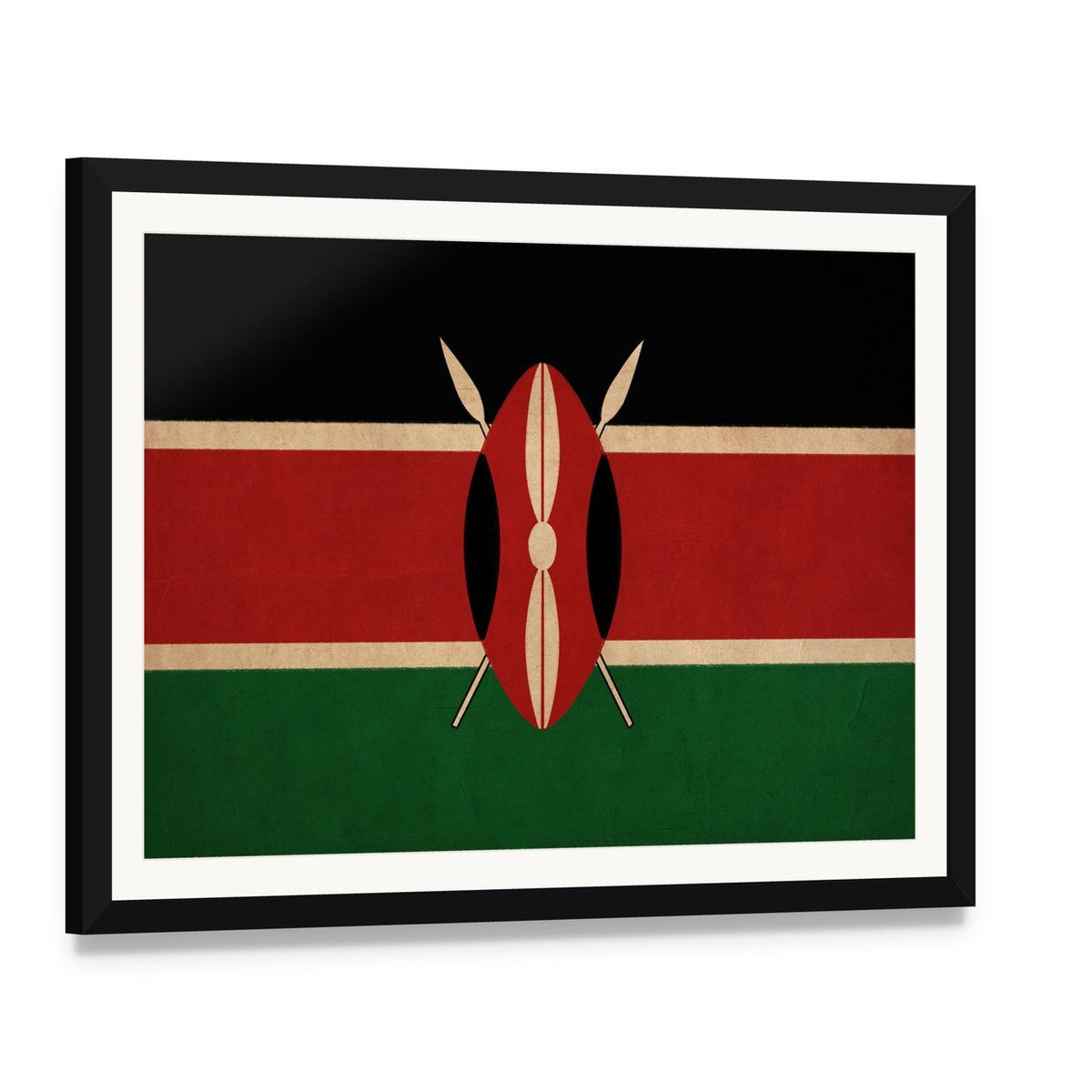 Vintage Kenyan Flag with Masai Shield Canvas Wall Art, framed print with white mat and black frame, angled product view