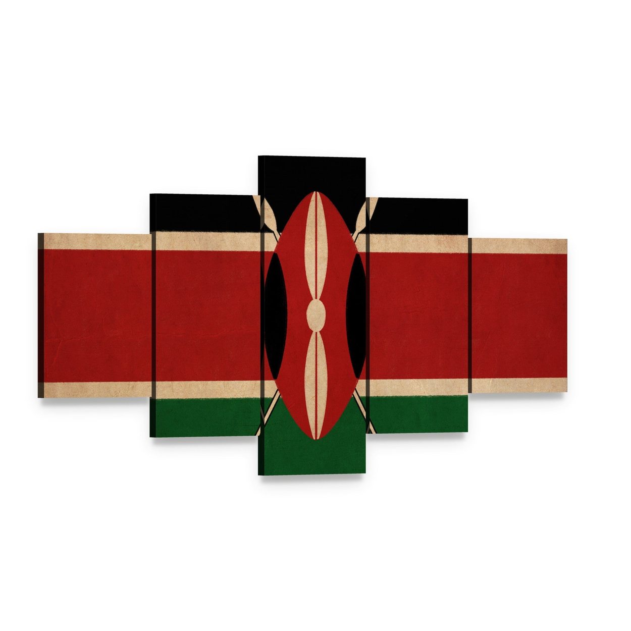 Vintage Kenyan Flag with Masai Shield Canvas Wall Art, 5 panel 5 Star layout gallery wrapped canvas set, angled product view