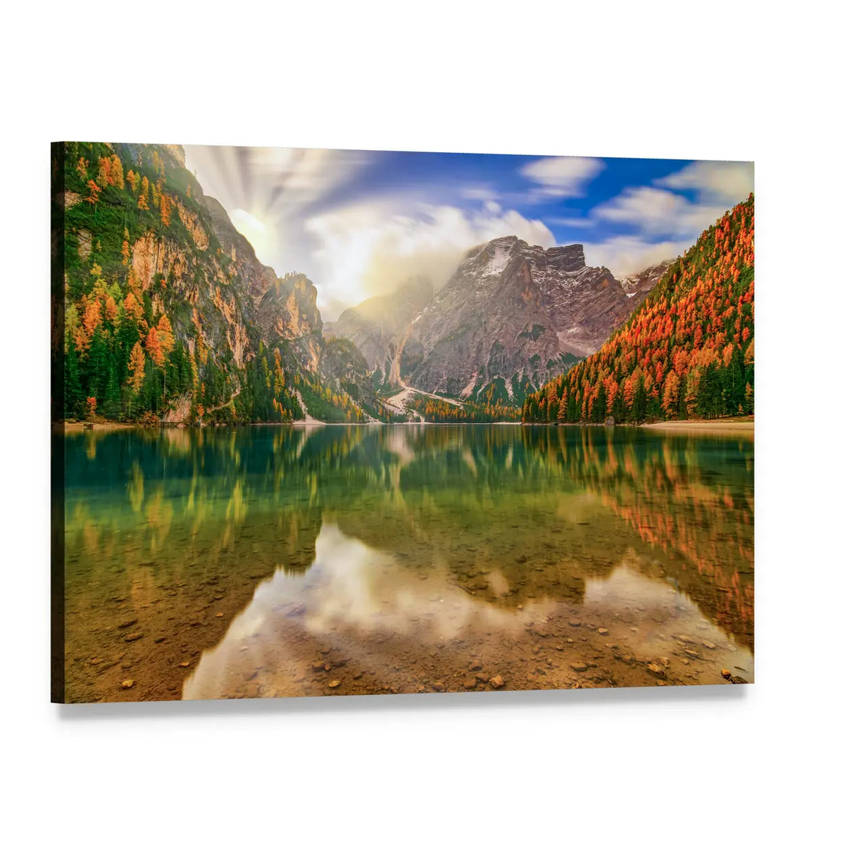 Autumn Reflection at Braies Lake Canvas Wall Art, single panel gallery wrapped canvas, angled product view