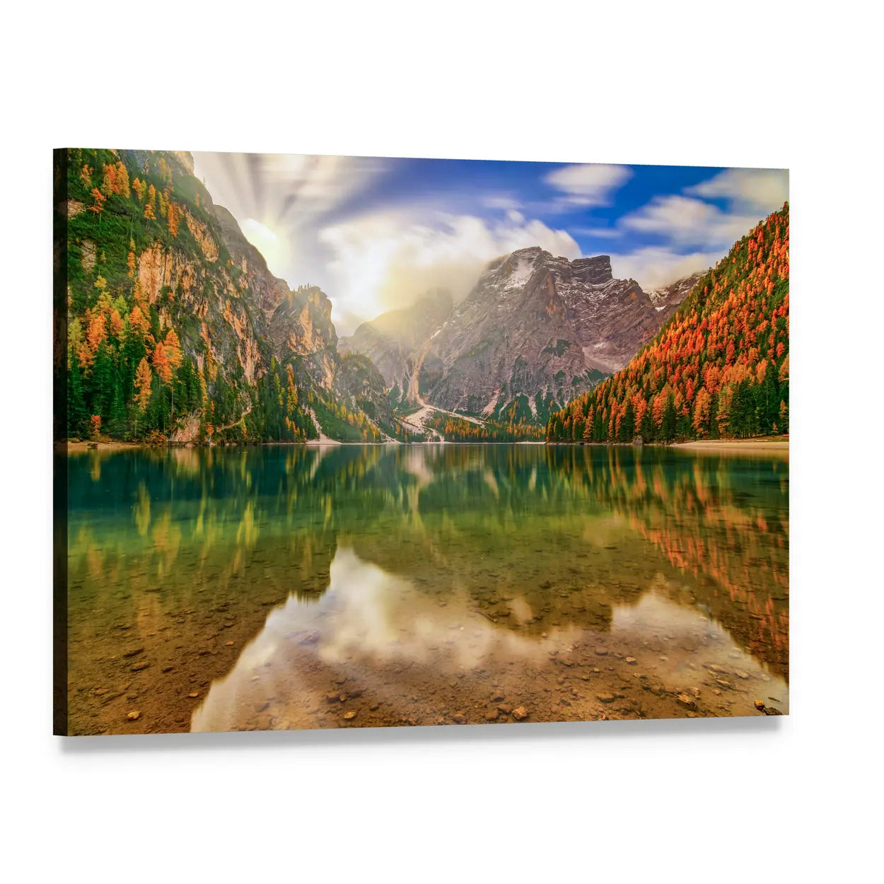 Autumn Reflection at Braies Lake Canvas Wall Art, single panel gallery wrapped canvas, angled product view