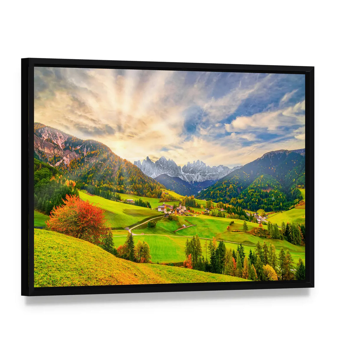 Santa Maddalena at Sunrise Canvas Wall Art, framed canvas in a black floater frame, angled product view