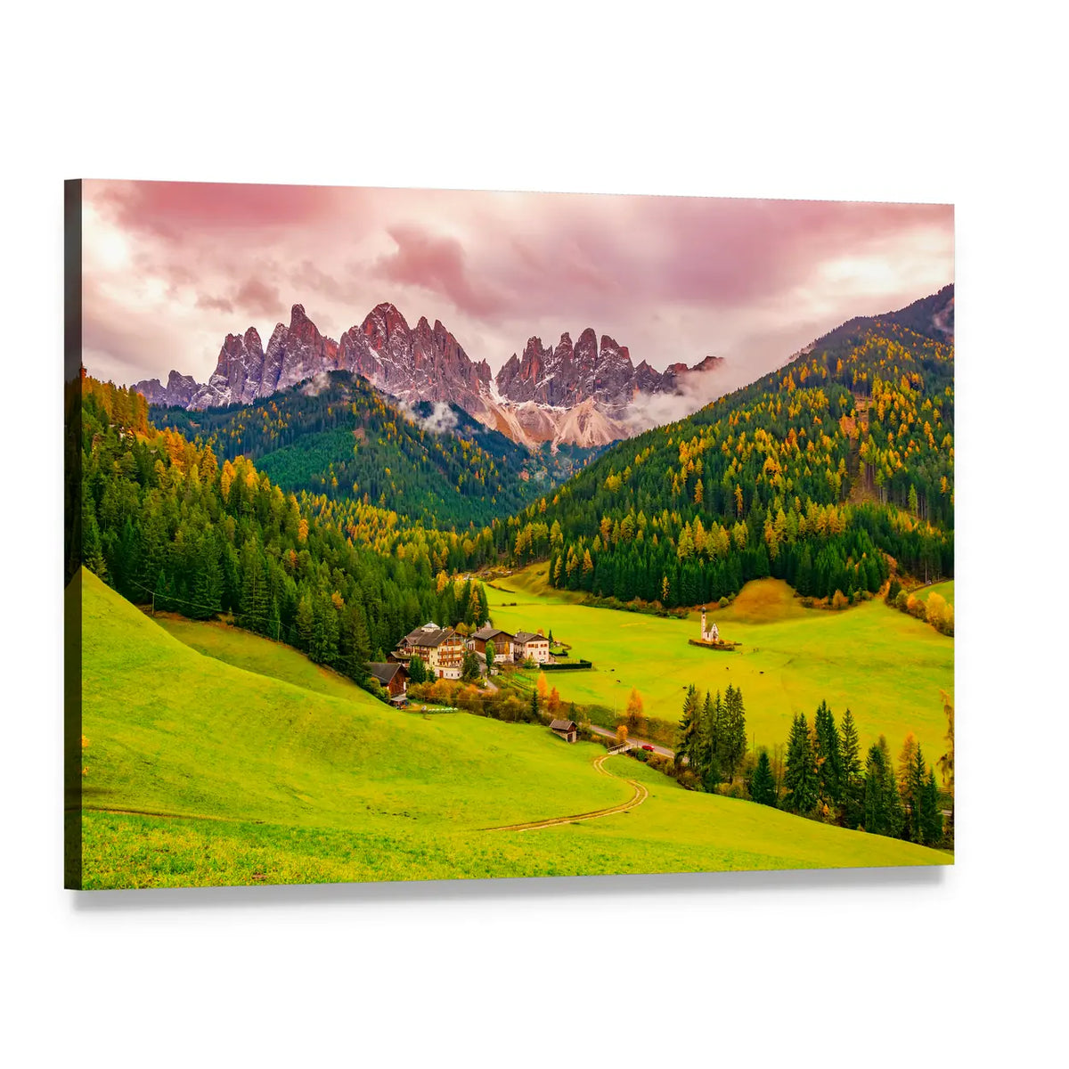 Santa Maddalena Village at Autumn Twilight Canvas Wall Art, single panel gallery wrapped canvas, angled product view