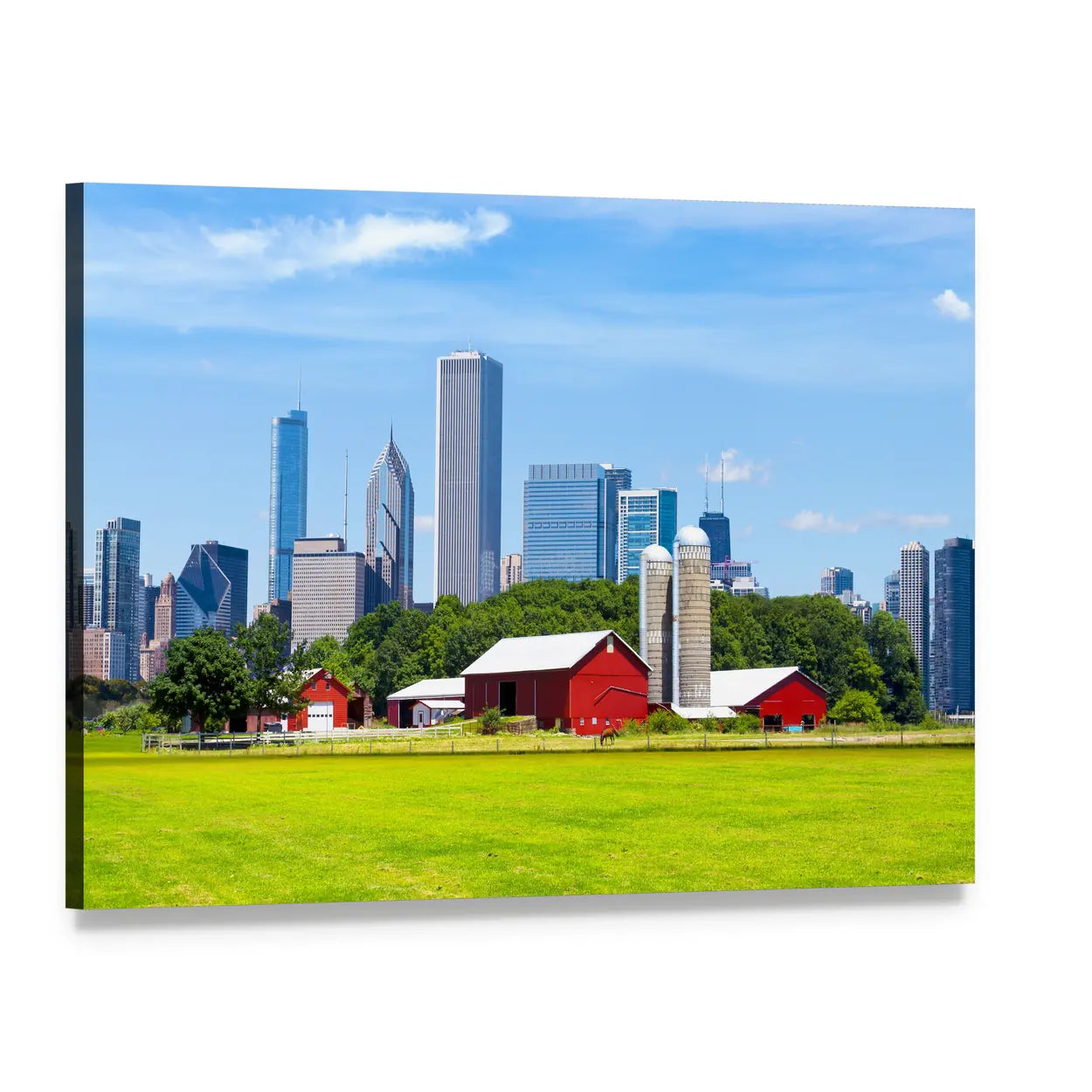 Red Barns with Chicago Skyline Canvas Wall Art, single panel gallery wrapped canvas, angled product view
