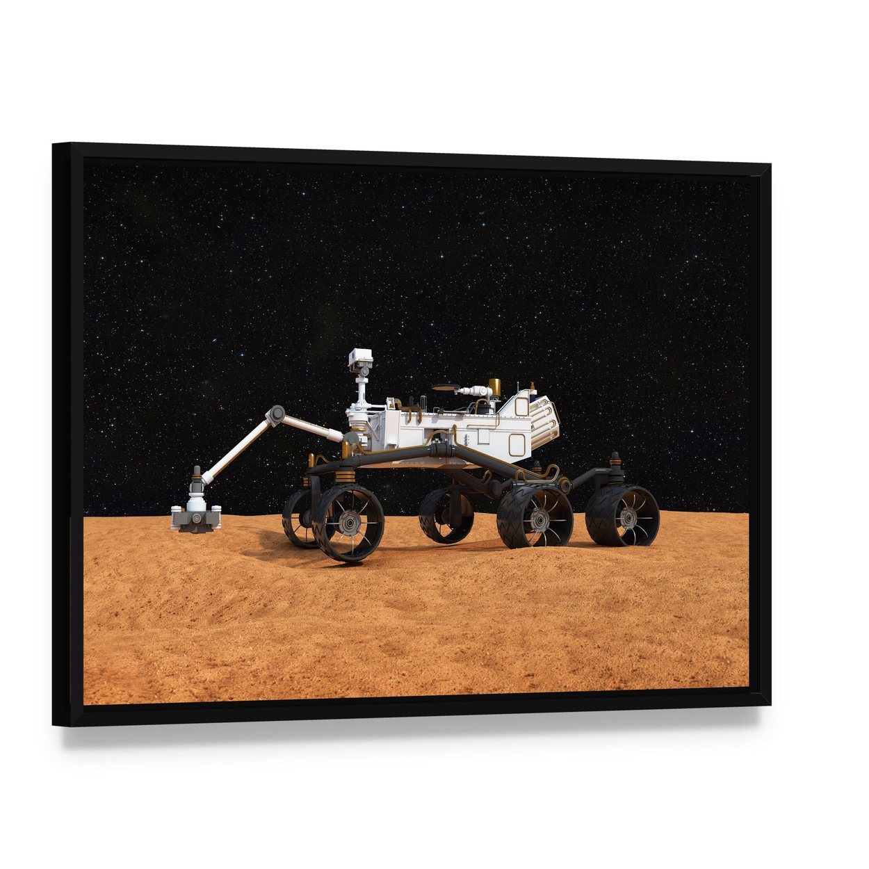 Curiosity Mars Rover Canvas Wall Art, framed canvas in a black floater frame, angled product view