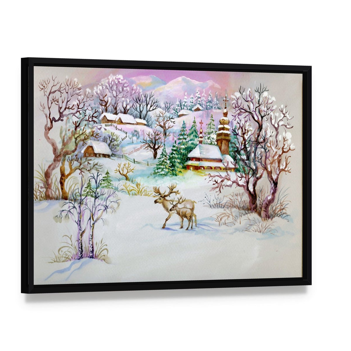 Watercolor Landscape Winter Village Life Canvas Wall Art, framed canvas in a black floater frame, angled product view