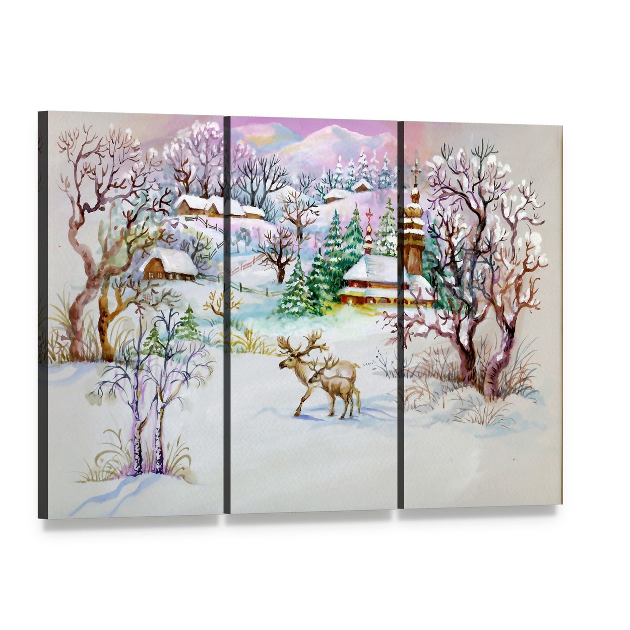 Watercolor Landscape Winter Village Life Canvas Wall Art, 3 panel 3 Horizontal layout gallery wrapped canvas set, angled product view