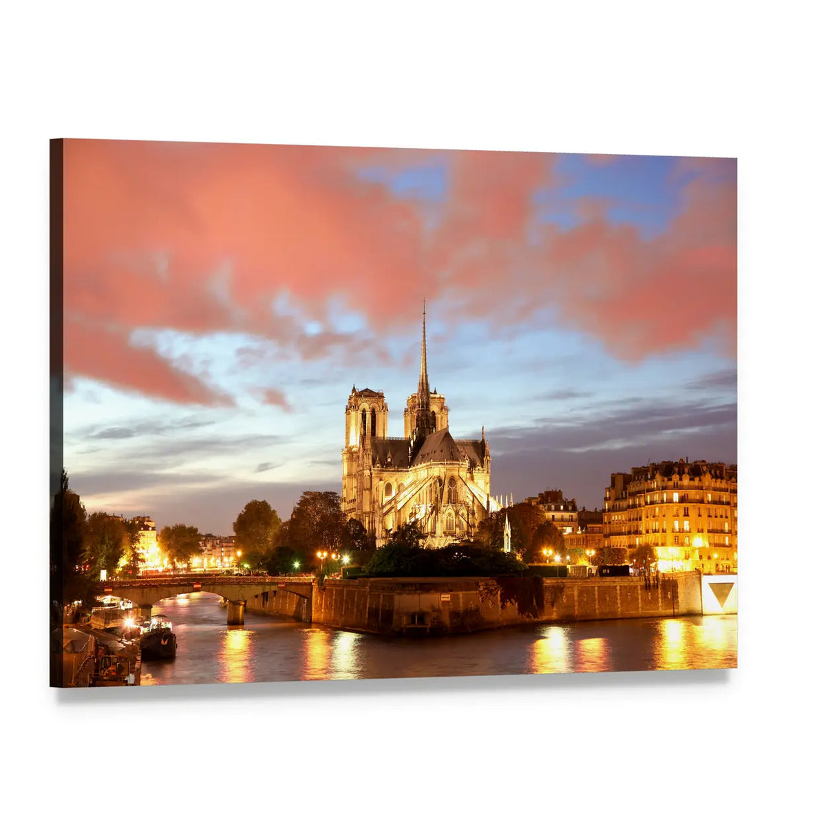 Notre Dame Cathedral at Dusk Canvas Wall Art, single panel gallery wrapped canvas, angled product view