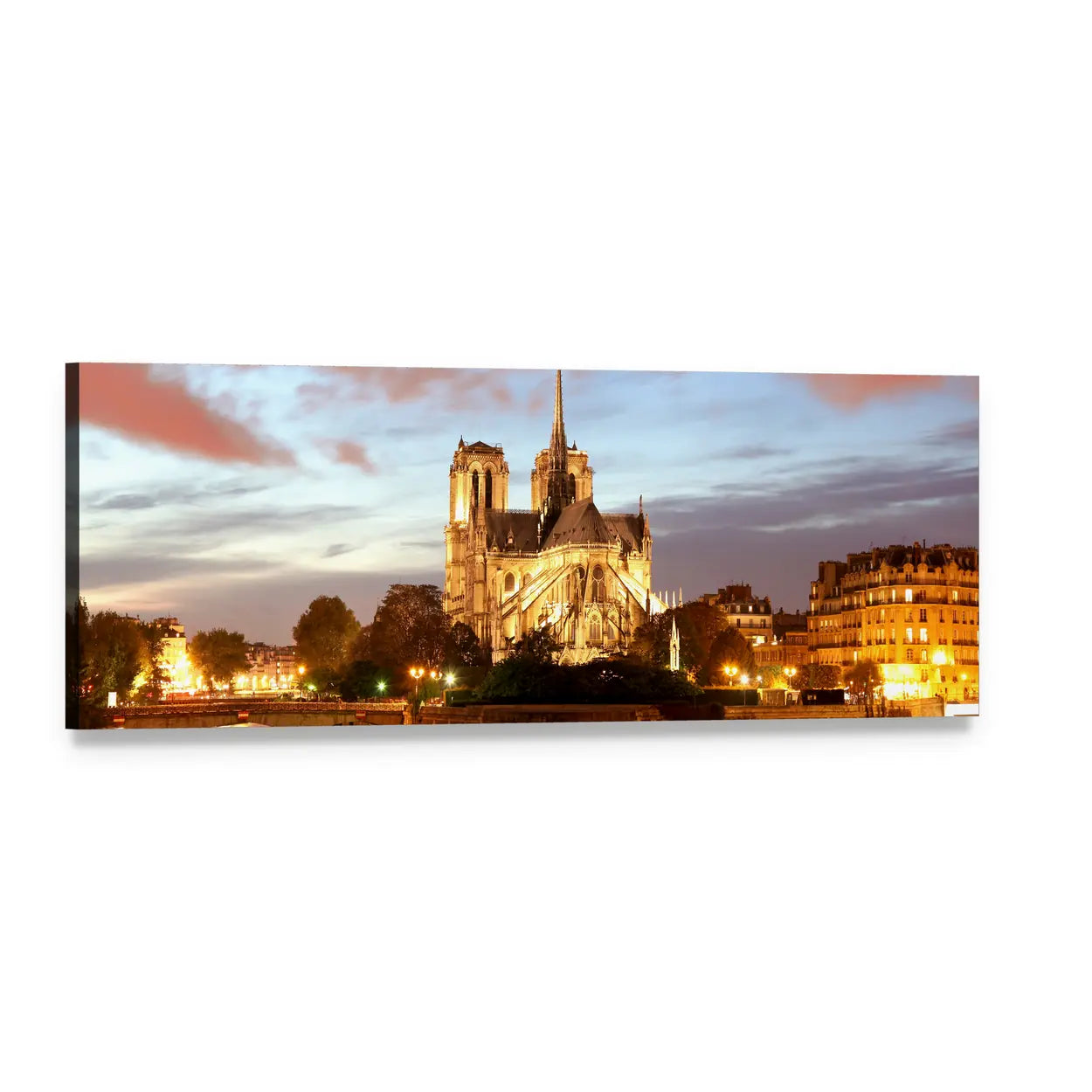 Notre Dame Cathedral at Dusk Panoramic Canvas Wall Art, single panel gallery wrapped canvas, angled product view