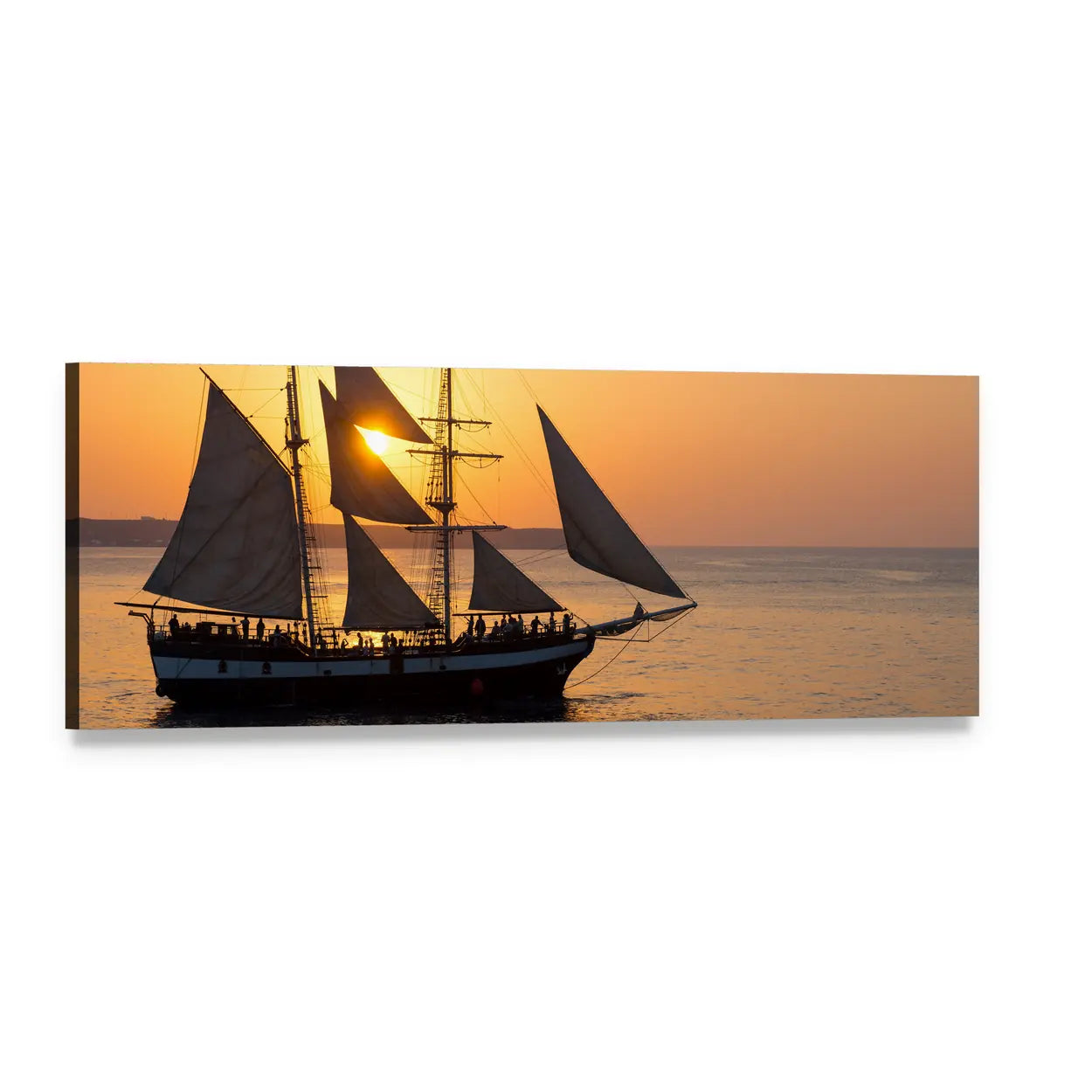 Sailing Ship at Sunset Panoramic Canvas Wall Art, single panel gallery wrapped canvas, angled product view