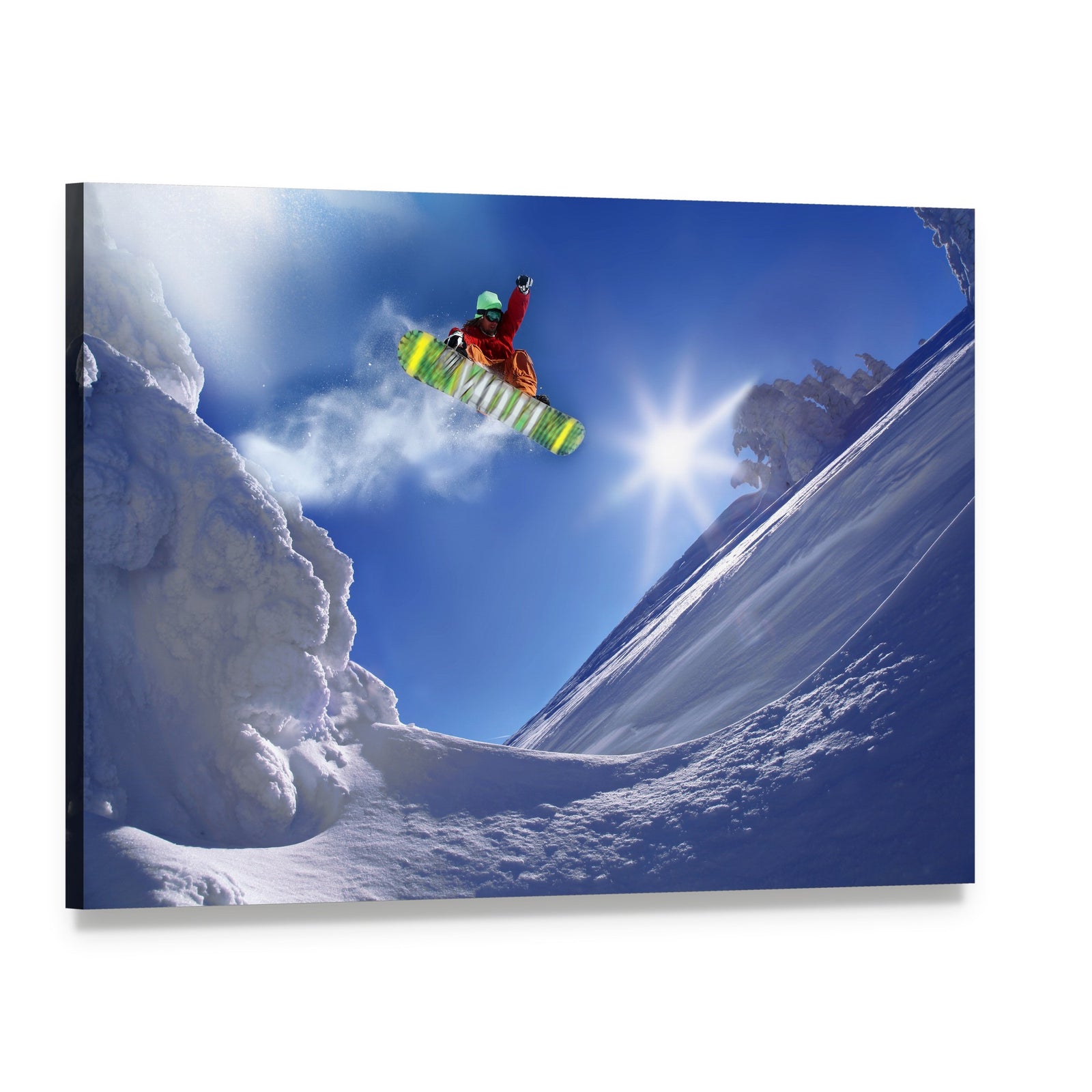 Snowboarder Jumping Against Blue Sky Canvas Wall Art, single panel gallery wrapped canvas, angled product view