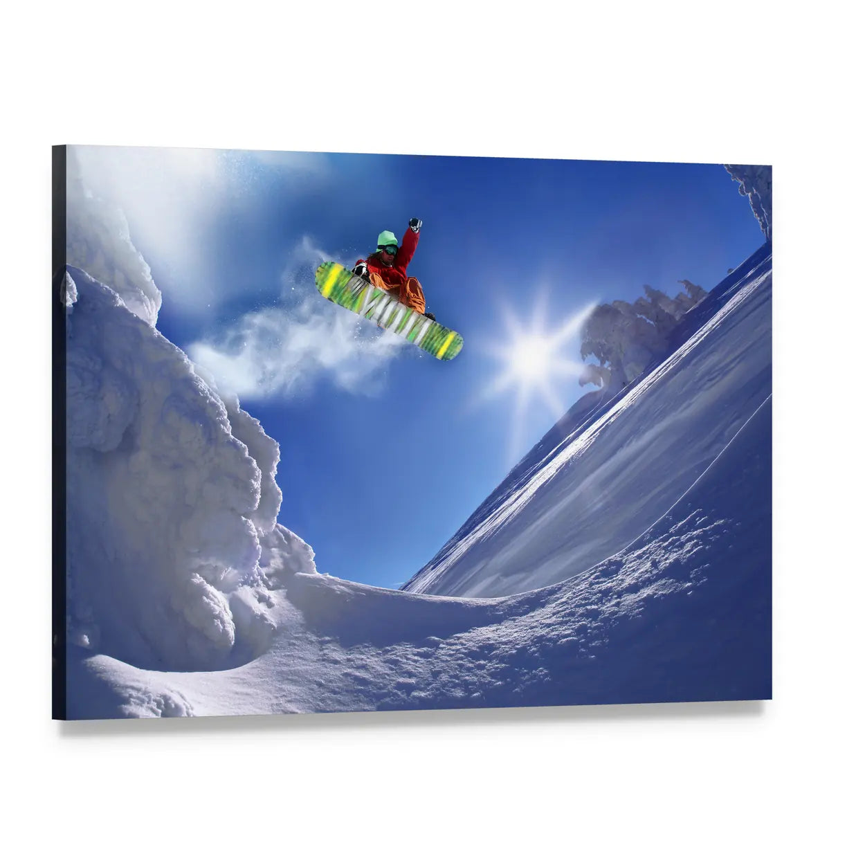 Snowboarder Jumping Against Blue Sky Canvas Wall Art, single panel gallery wrapped canvas, angled product view