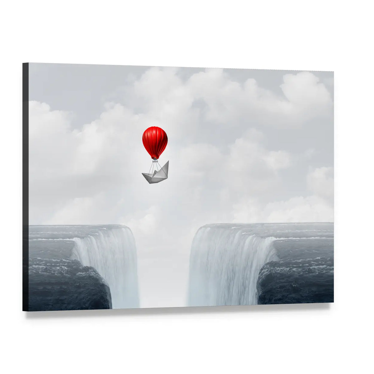 Red Balloon and Paper Boat Above Twin Waterfalls Canvas Wall Art, single panel gallery wrapped canvas, angled product view