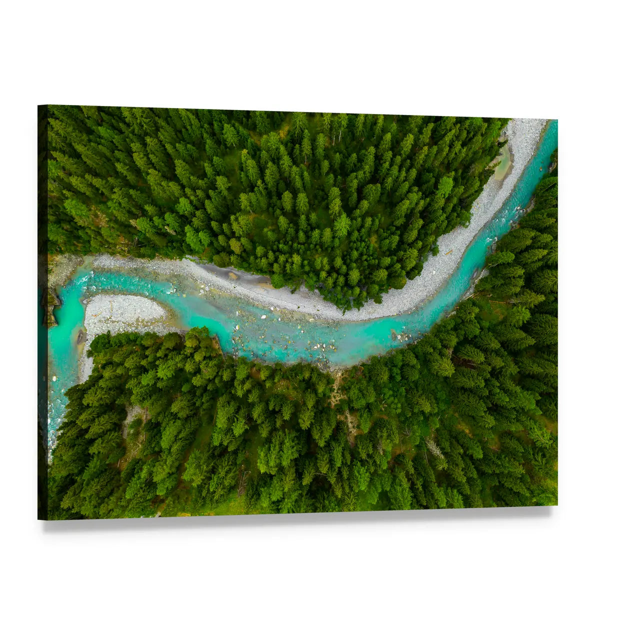 Inn River Flowing In Forest In Switzerland Canvas Wall Art, single panel gallery wrapped canvas, angled product view