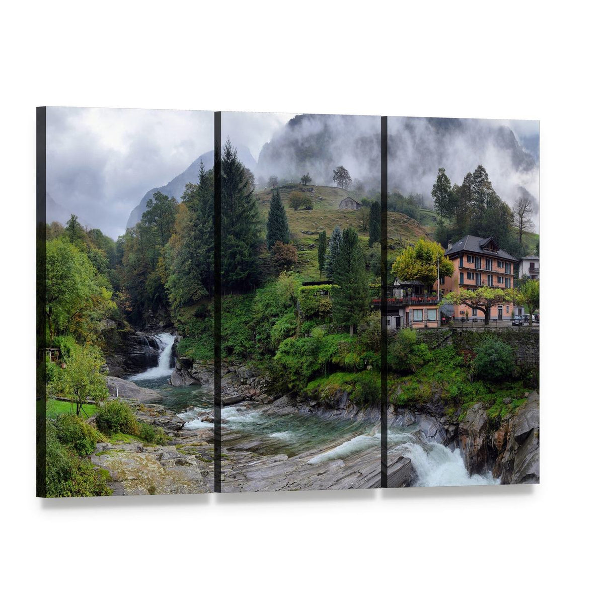 Swiss Mountain Village House and Waterfall Canvas Wall Art, 3 panel 3 Horizontal layout gallery wrapped canvas set, angled product view