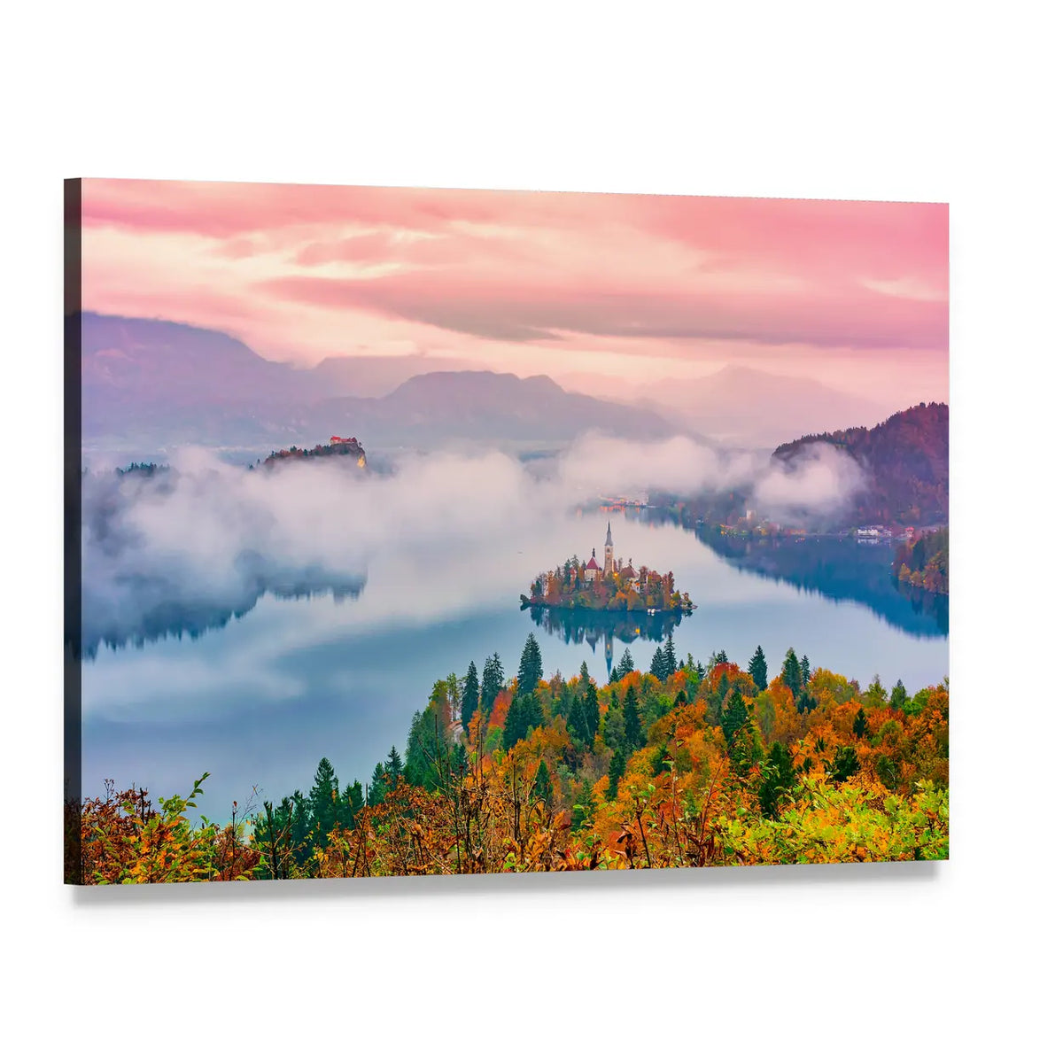 Lake Bled at Sunrise Canvas Wall Art, single panel gallery wrapped canvas, angled product view