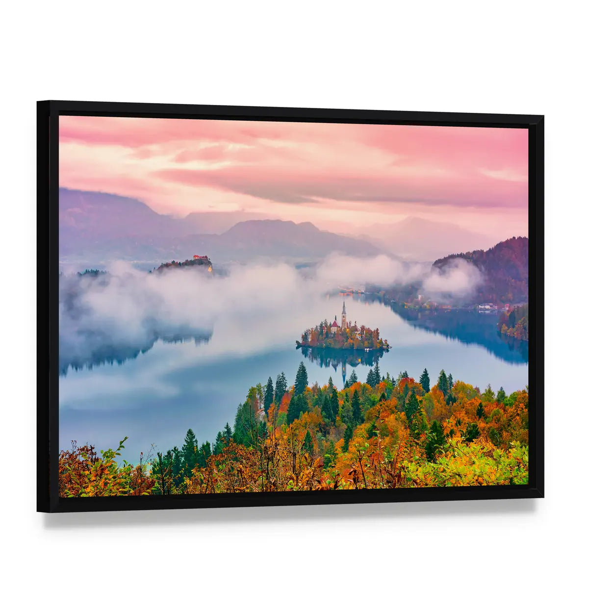 Lake Bled at Sunrise Canvas Wall Art, framed canvas in a black floater frame, angled product view