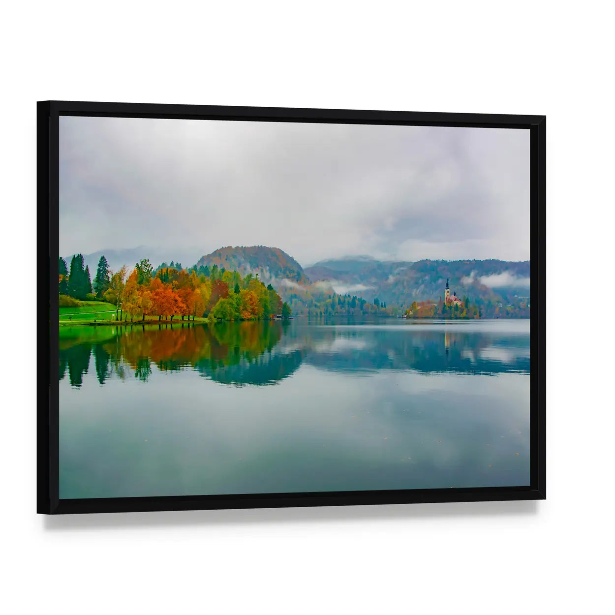 Autumn at Bled Lake, Slovenia Canvas Wall Art, framed canvas in a black floater frame, angled product view