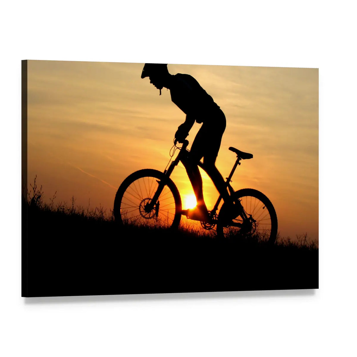 Mountain Biker at Sunrise Canvas Wall Art, single panel gallery wrapped canvas, angled product view