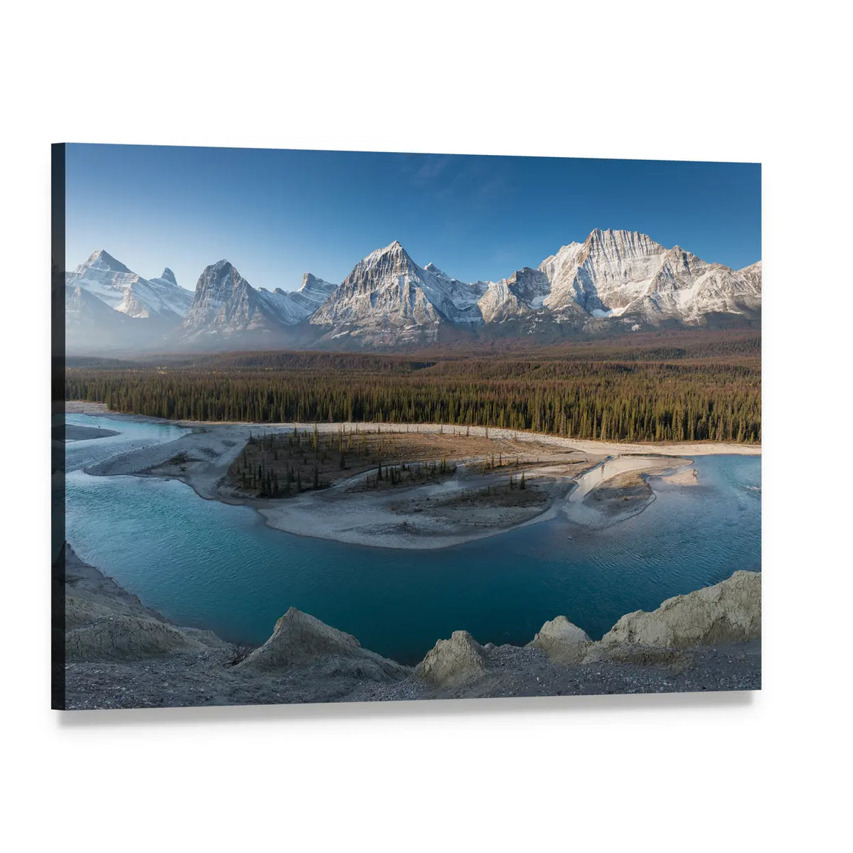 Jasper National Park Turquoise Lake Vista Canvas Wall Art, single panel gallery wrapped canvas, angled product view
