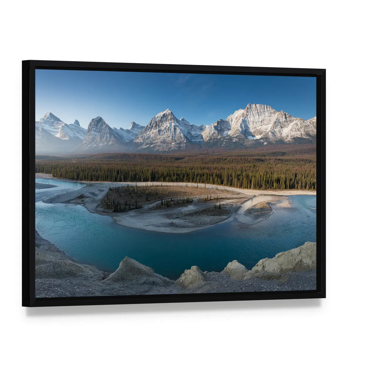 Jasper National Park Turquoise Lake Vista Canvas Wall Art, framed canvas in a black floater frame, angled product view